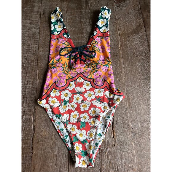 Agua Bendita Orange Priscila Nopal Lace-Up One-Piece Swimsuit size S - Picture 4 of 8